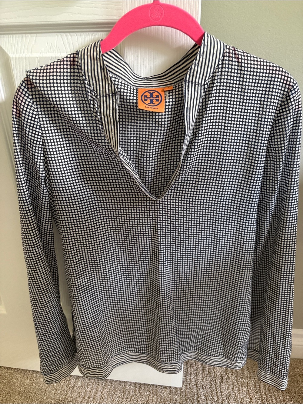 Tory Burch Black and White Geo Dot Long-Sleeve Tunic Style Shirt SZ 4